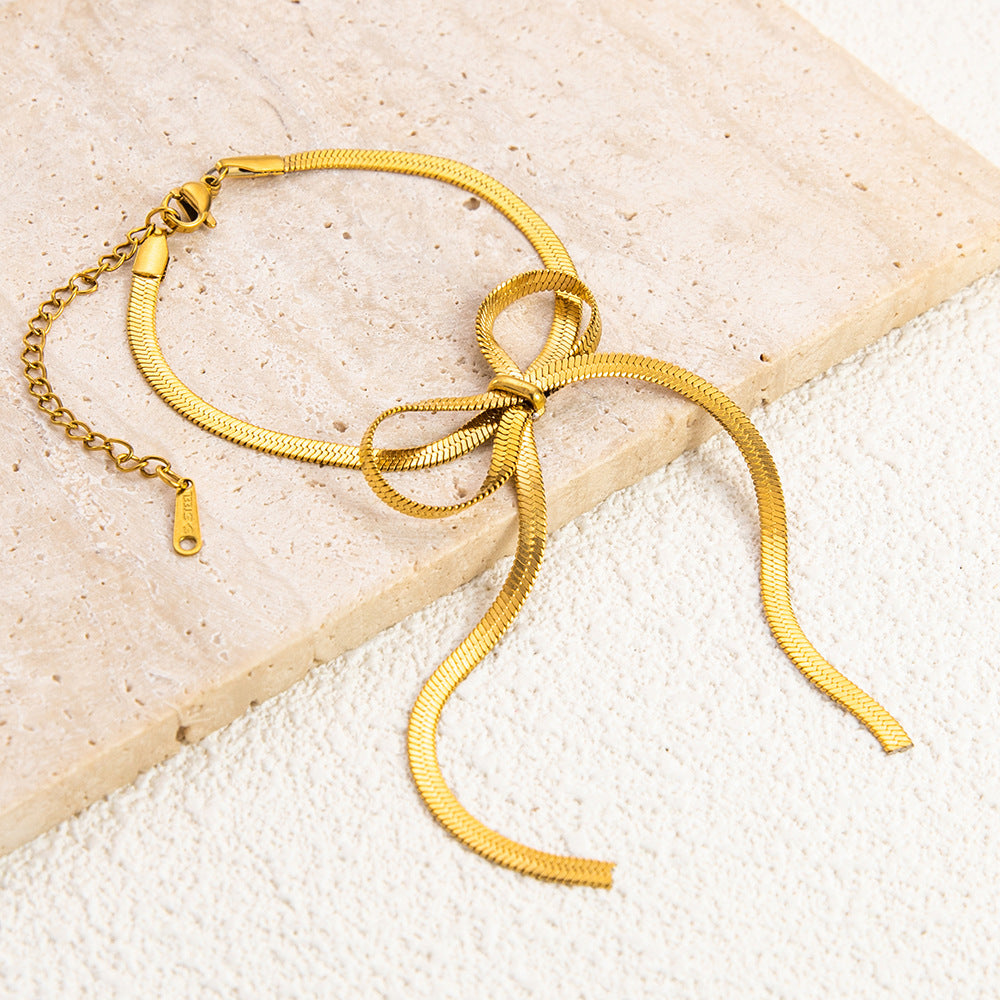 Wholesale 18K Gold Stainless Steel Bow Pearl Necklace Bracelet Set ACC-NE-YuHui009