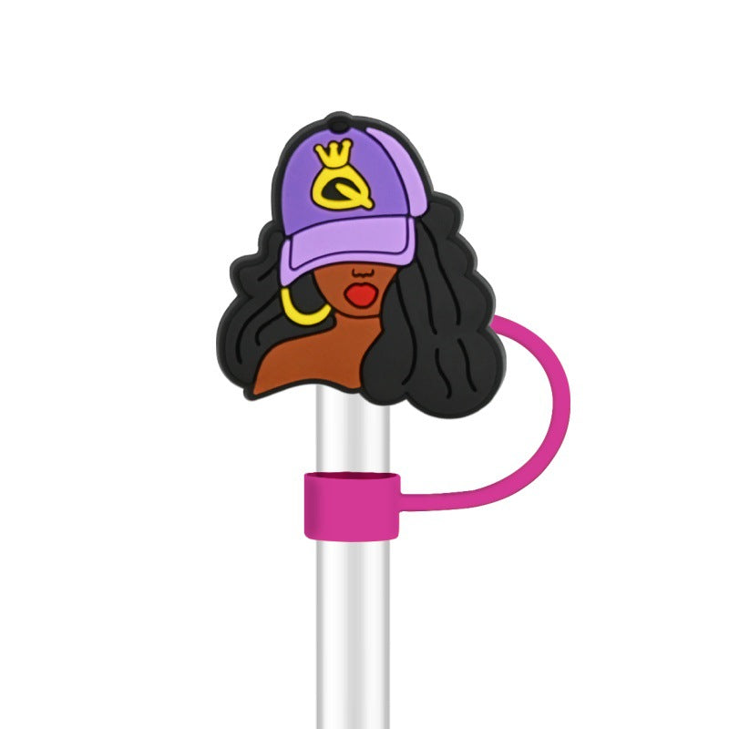 Wholesale 100pcs randomly black girl fashion series straw covers,  10mm soft silicone straw tube cap.