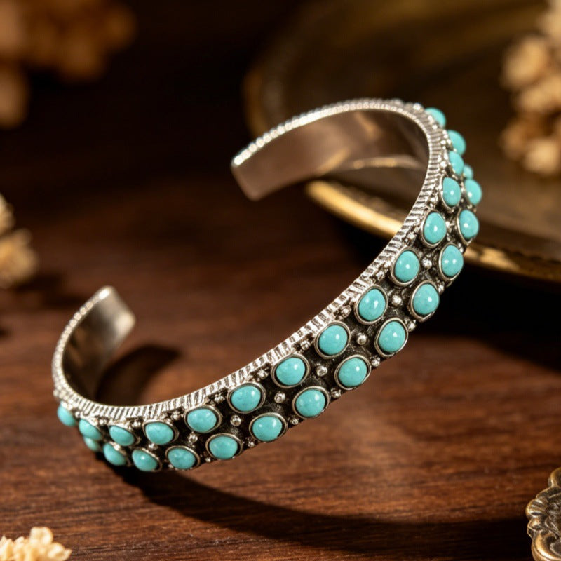 Wholesale Vintage Distressed Double Row Turquoise Open Cuff Bracelet,  Silver Alloy Bohemian Jewelry,  Trendy Gift for Resale