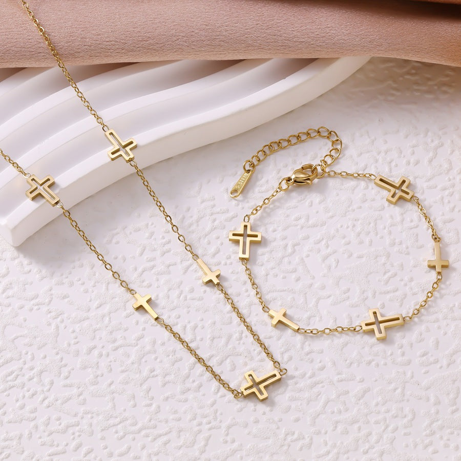 Wholesale Titanium Steel Hollow Cross Pendant Bracelet and Necklace Set Fashion Accessory Everyday Wear