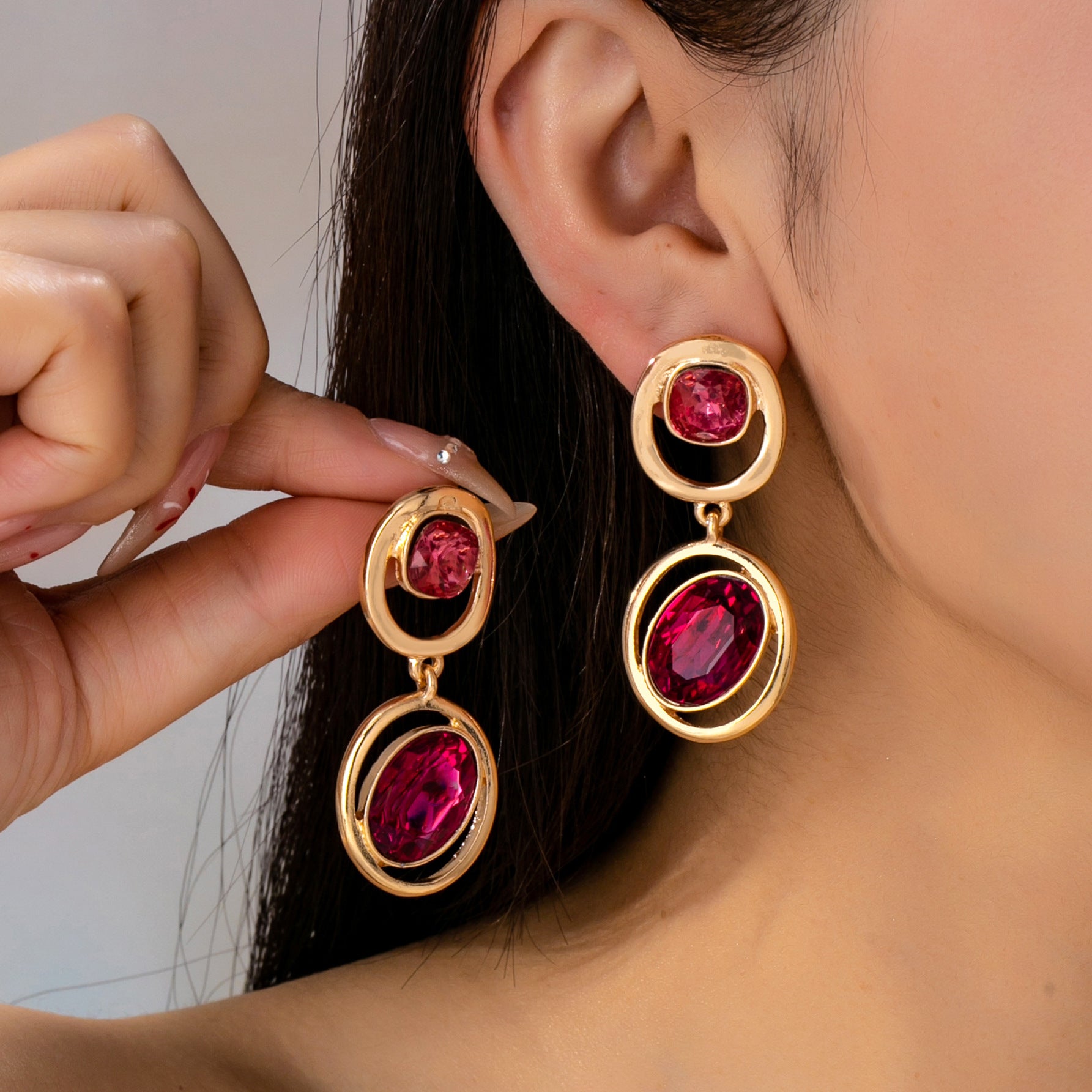 Wholesale Red Double Layer Oval Geometric Retro Earrings For Party And Daily Wear Jewelry Accessory