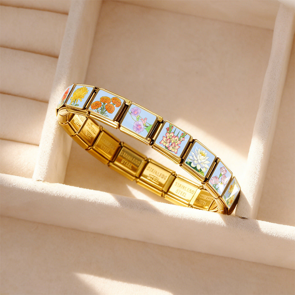 Wholesale Stainless Steel Birthflower Modular Bracelet Trendy Jewelry Gift for Everyday Wear