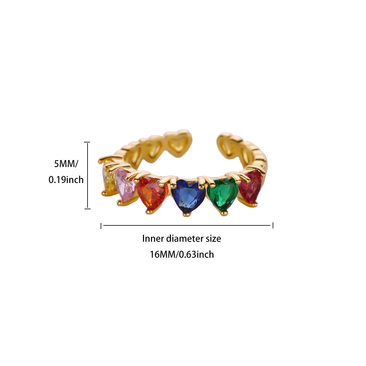 Wholesale Gold Plated Heart Shape Open Ring with Multicolor Zircon - Boutique Resale Jewelry Accessory