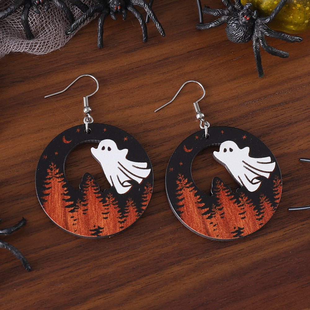 Wholesale Halloween Western Style Pine Ghost Round Wood Gothic Style Earrings ACC-ES-ChuLian044