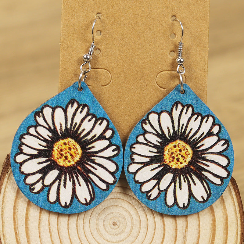 Wholesale Western Distressed Style Sunflower Daisy Print Water Drop Rhombus Geometric Wooden Earrings