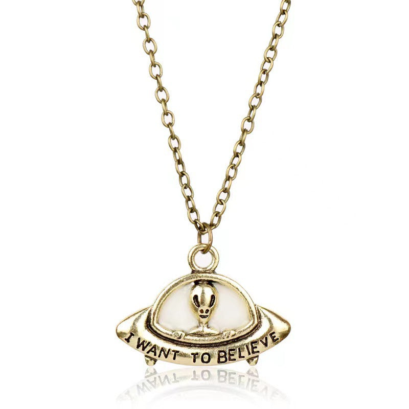 Wholesale  luminous pendant with necklace alien spaceship UFO zinc alloy necklaces