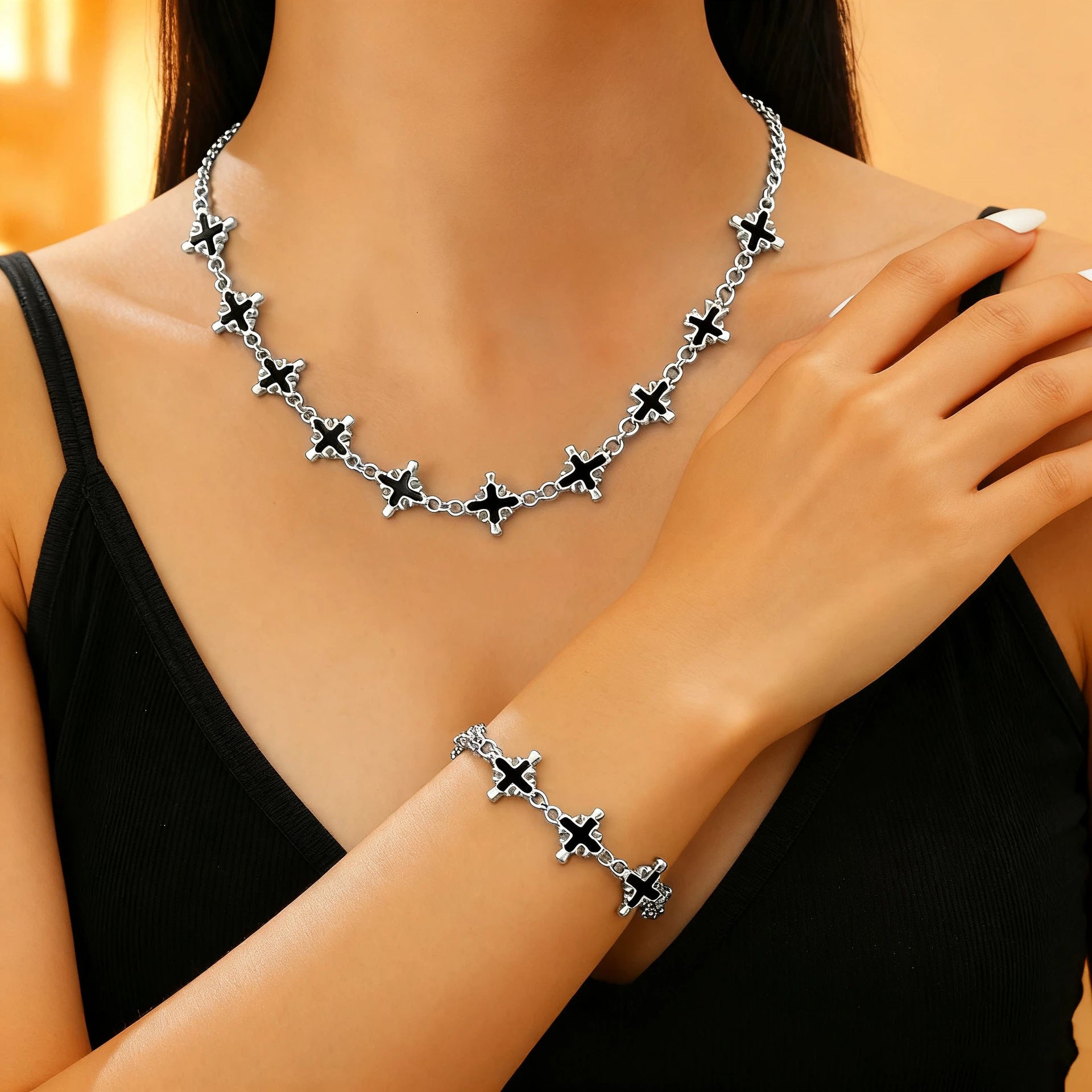 Wholesale European and American Cross-Border Gothic Cross Men' s Alloy Bracelet Retro Dark Style Versatile Necklace Set Jewelry for Women