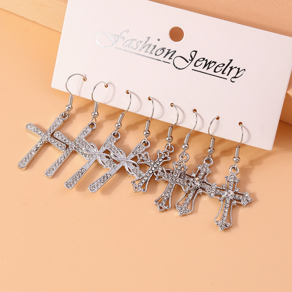 Wholesale jewelry fashion retro cross earrings suit diamond silver ear hook earrings