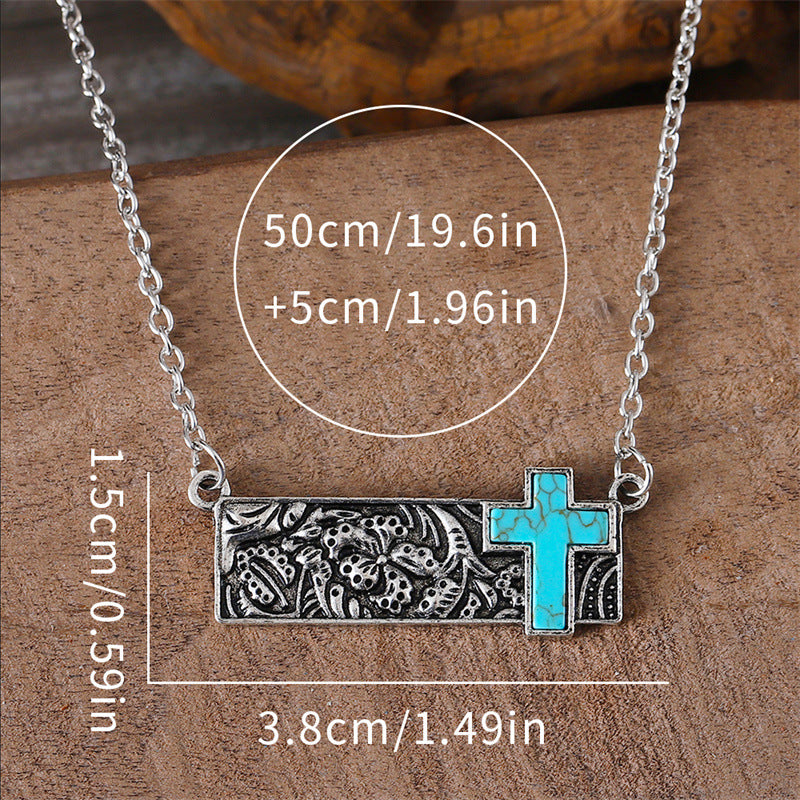 Wholesale retro square turquoise cross necklace bohemian style pendant clavicle chain necklace