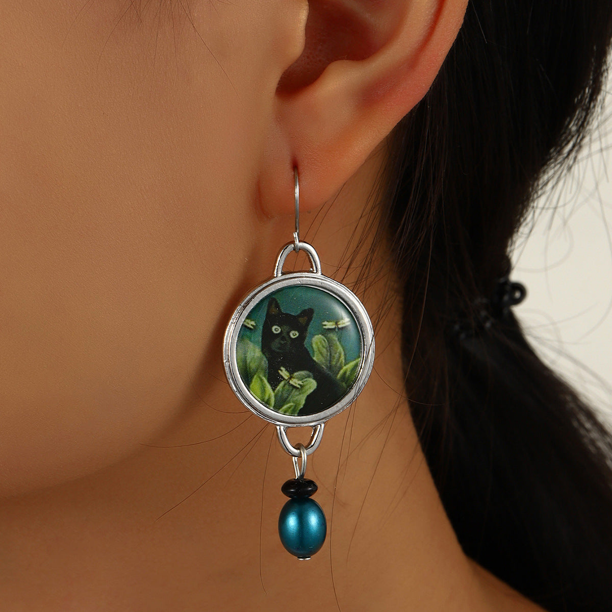 Wholesale Retro Cat Pattern Drop Earrings with Pearl Accent - Vintage Style Alloy Jewelry Accessory,  Gift for Women