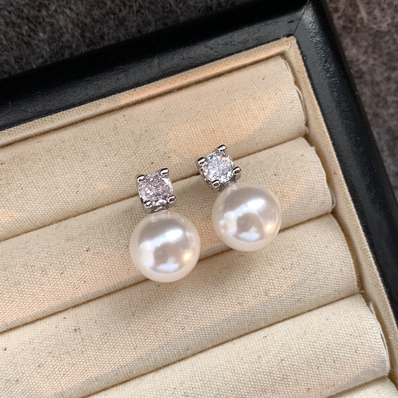 Wholesale Grey Classic Princess Diana Pearl Earrings Light Luxury Diamond-studded Sterling Silver Earrings