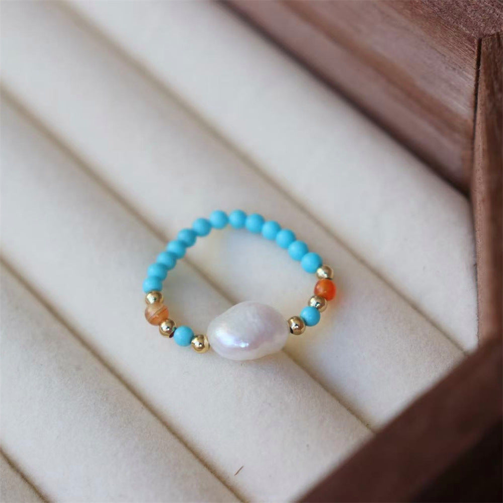 Wholesale Vintage Contrast Turquoise Agate Pearl Stretch Ring