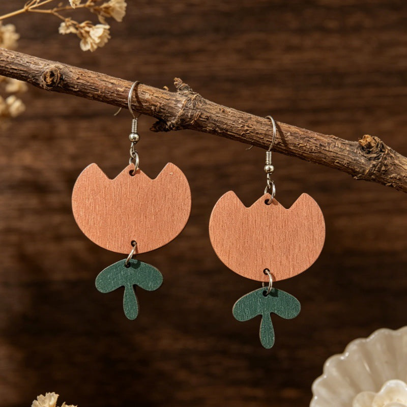 Wholesale Wooden Tulip Earrings Two-Layer with Green Leaves Forest Style Fashion Accessory Party Gift