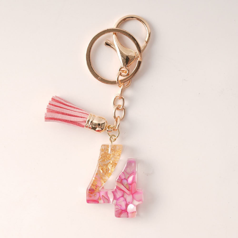 Wholesale  Resin Glue English Numbers Pink Tassel Rose Red Gold Foil Keychain