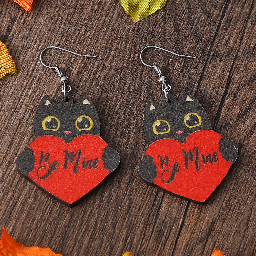 Wholesale cat red love letter  double-sided wooden Valentine's Day  earrings