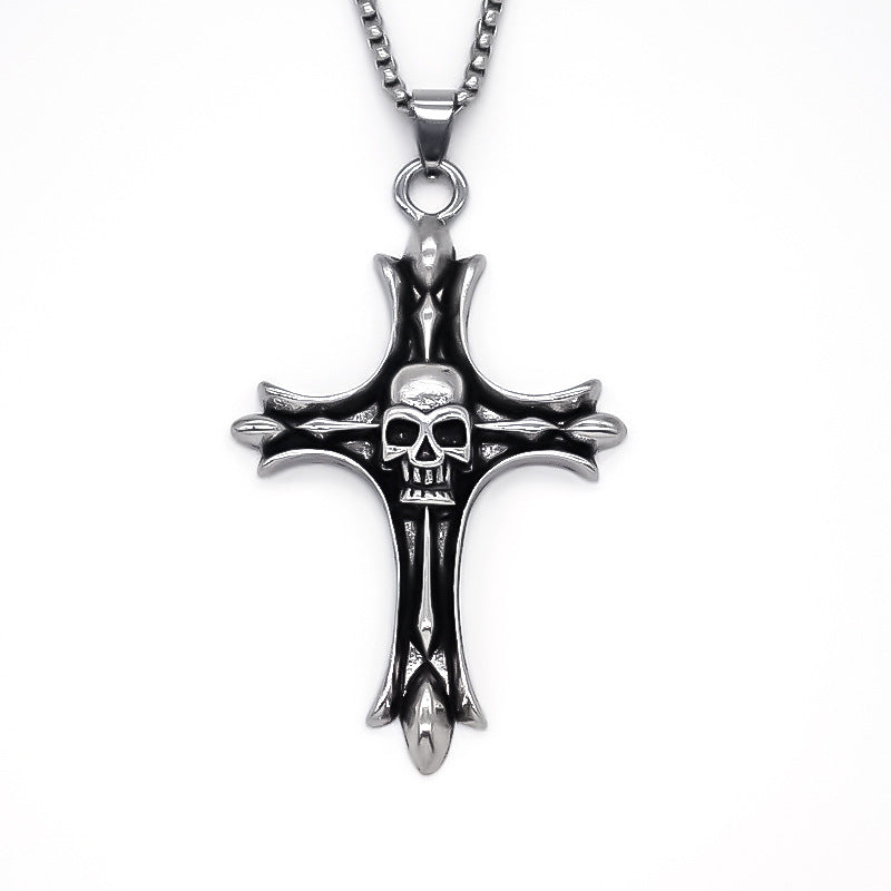 Wholesale Alloy Silver Punk Skull Cross Pendant Necklace Fashion Jewelry Accessory For Everyday