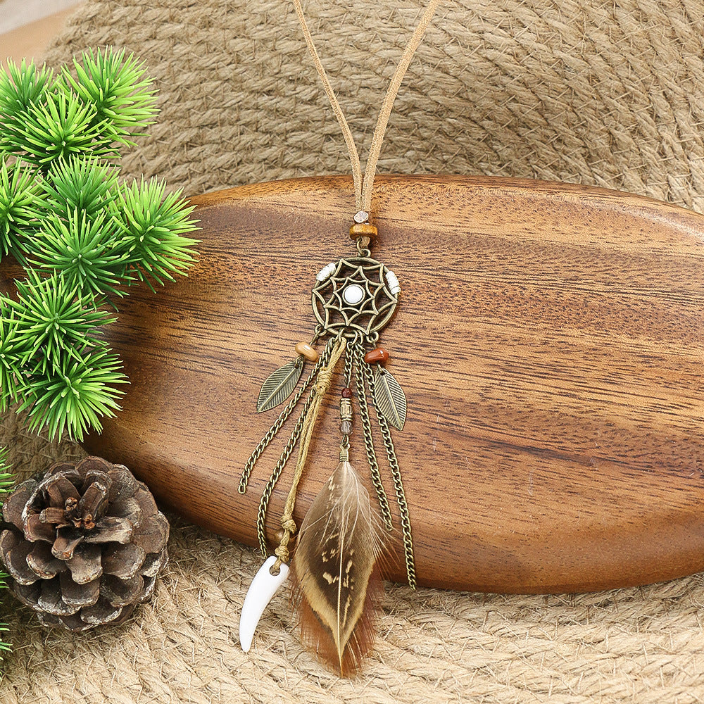 Wholesale Retro Feather Tassel Necklace Alloy Handmade Long Chain Layering Jewelry Fashion Accessory
