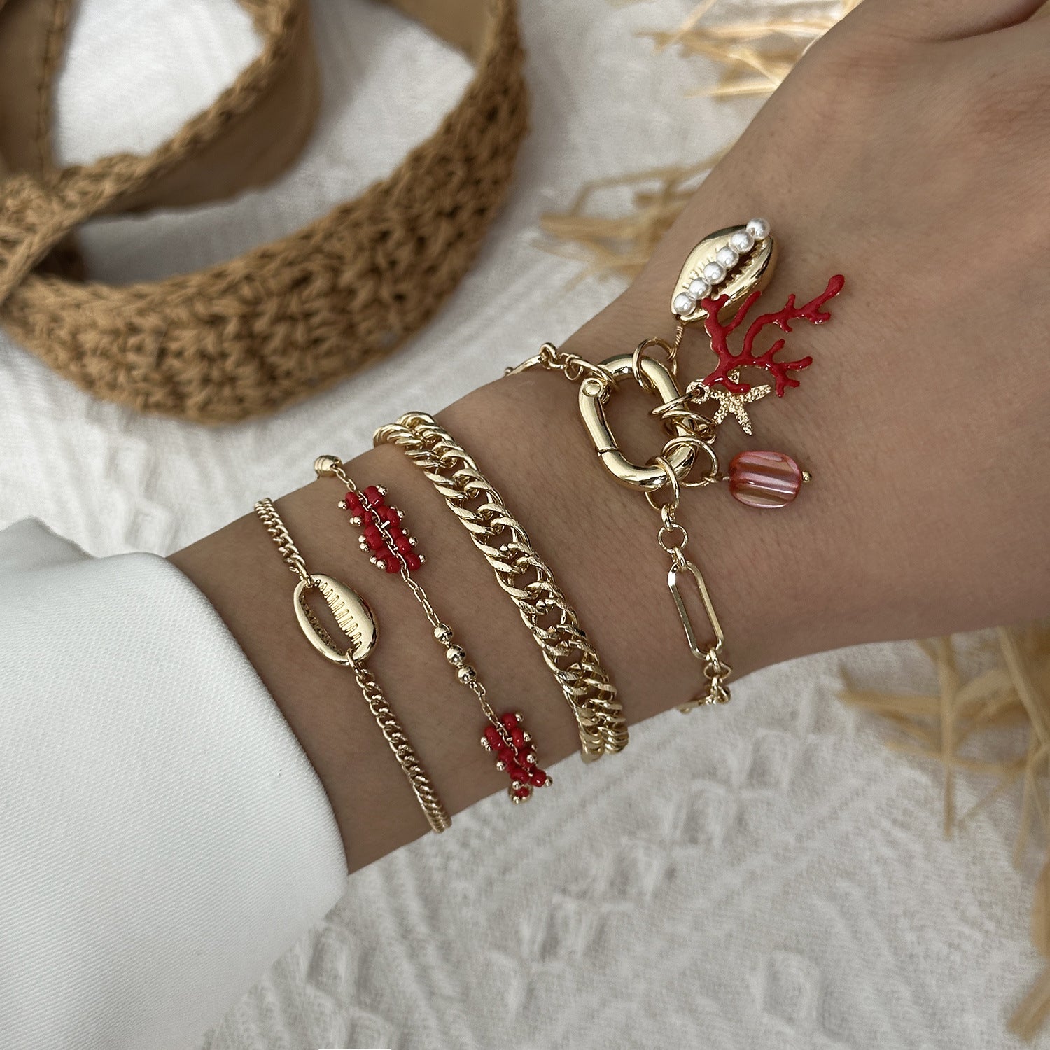 Wholesale Bohemian Beach Style Starfish Coral Geometric Pendant Bracelet Set Alloy Electroplated Jewelry For Women Travel Souvenir Gift