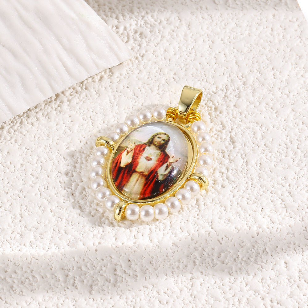 Wholesale Oval portrait of the Virgin Mary vintage copper plated 18k braided pendant