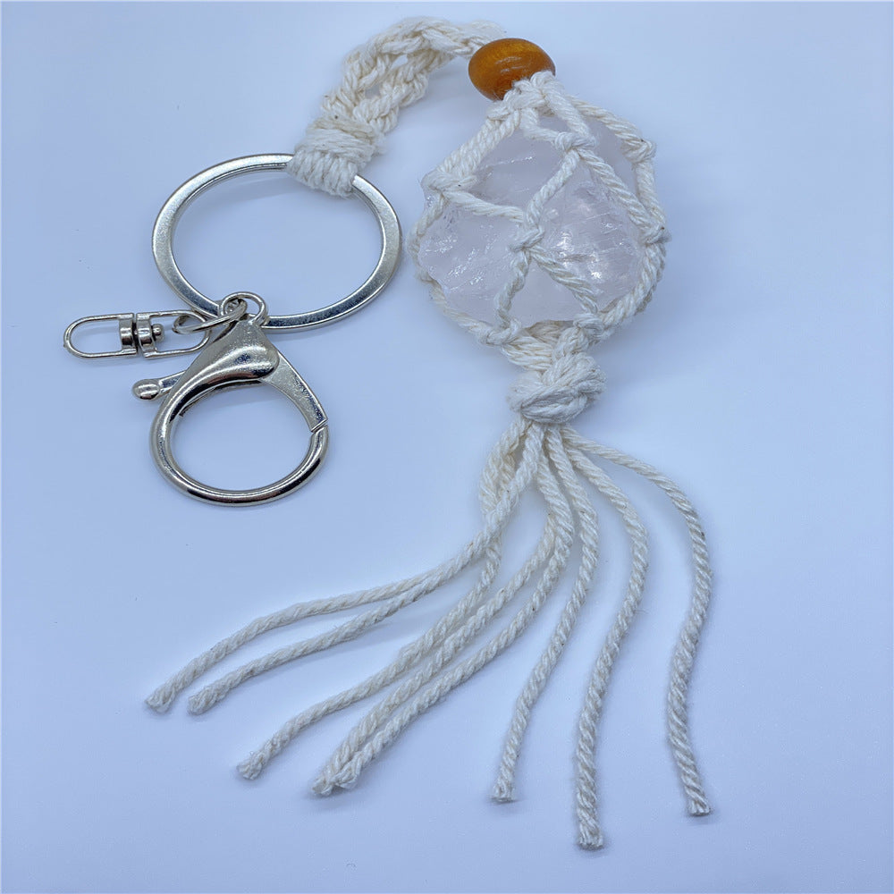 Wholesale Crystal Raw Stone Woven Mesh Pocket Keychain Natural Stone ACC-KC-Nius001