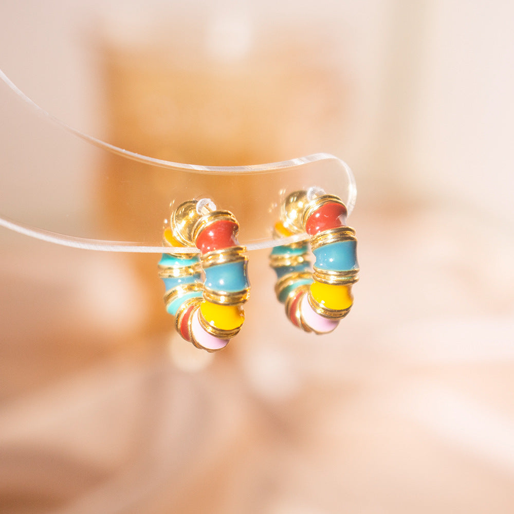 Wholesale Real Gold Electroplated Color Drop Glaze Circle Ear Buckle Light Luxury Earrings