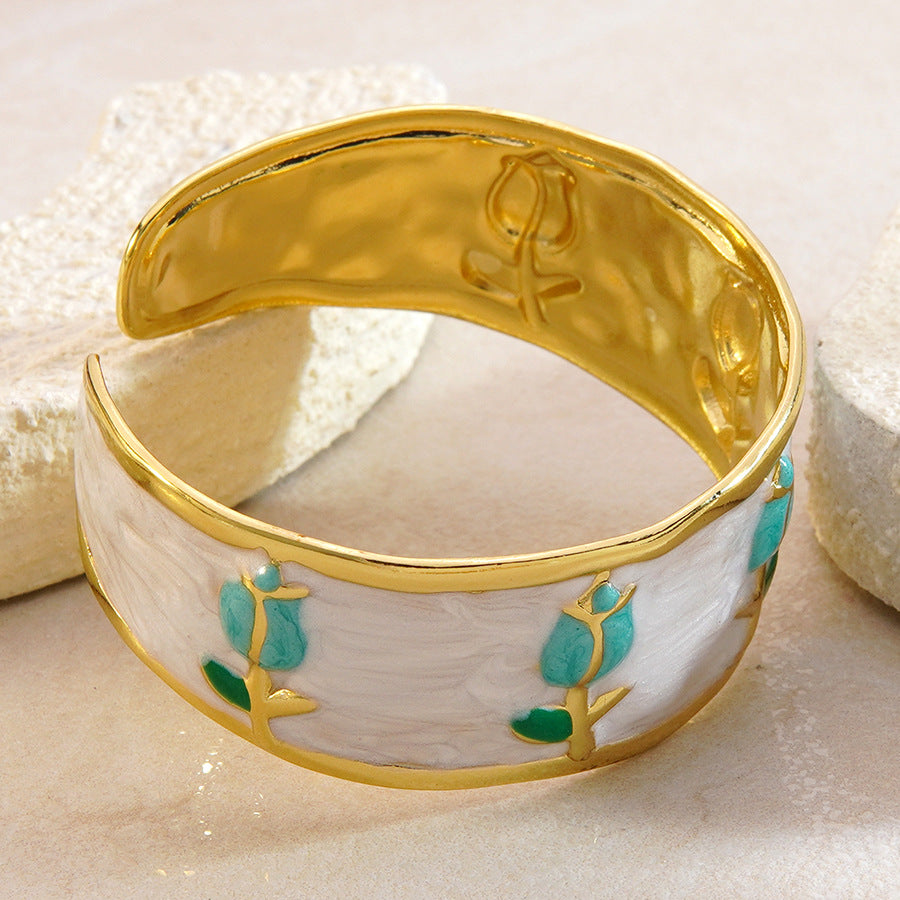 Wholesale Fashion Stainless Steel Tulip Drip Oil Open Bracelet Jewelry Accessory