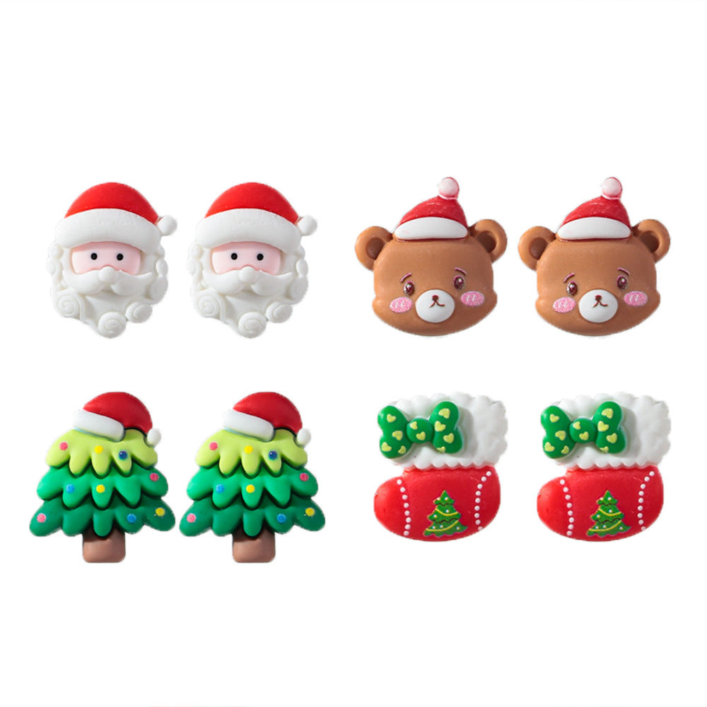Wholesale Plastic Resin Cartoon Bear Christmas Tree Earrings Sweet Girl Fashion Accessory