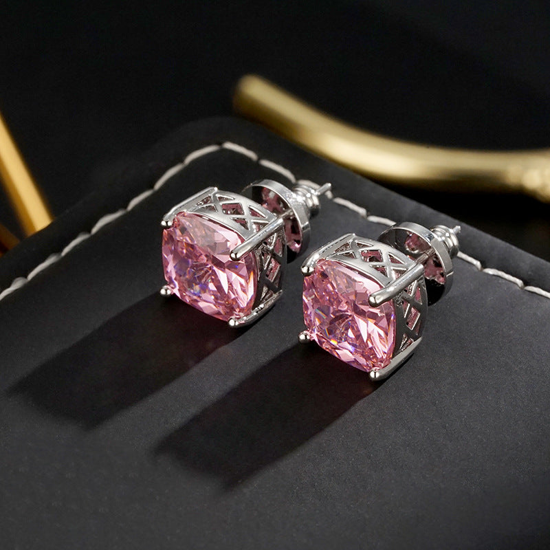 Wholesale  inlaid zircon square pink square earrings