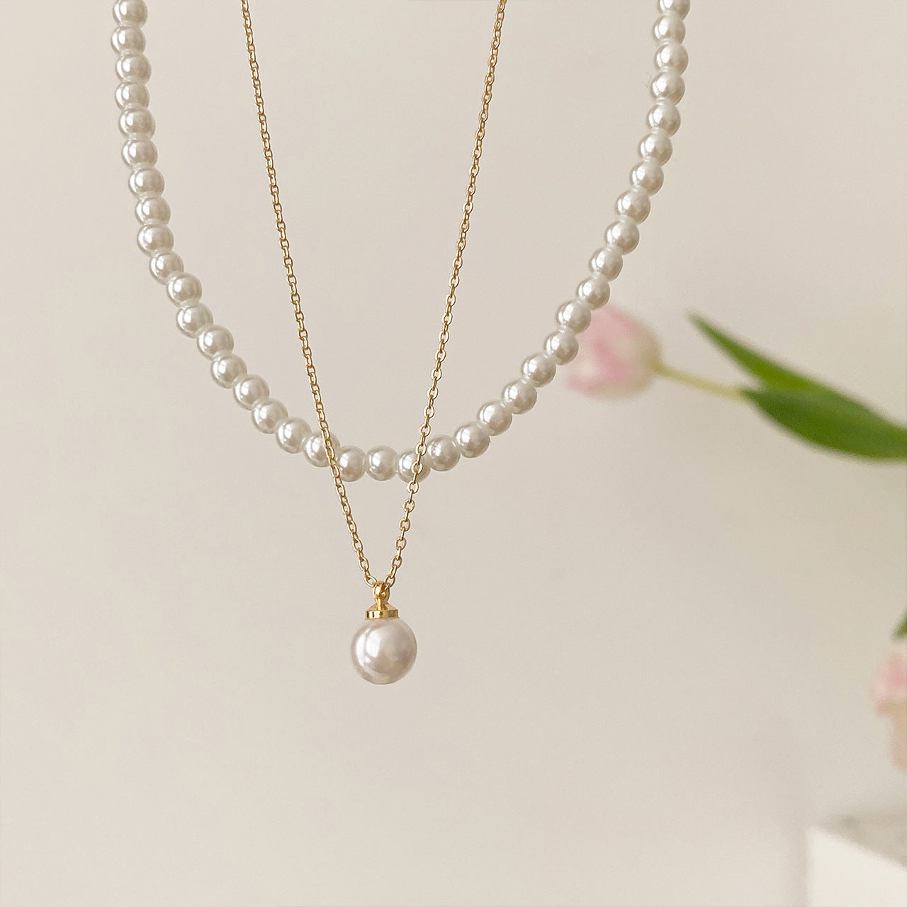 Wholesale Titanium Steel Double Layer Stacked Pearl Necklace  Light Luxury  Necklace