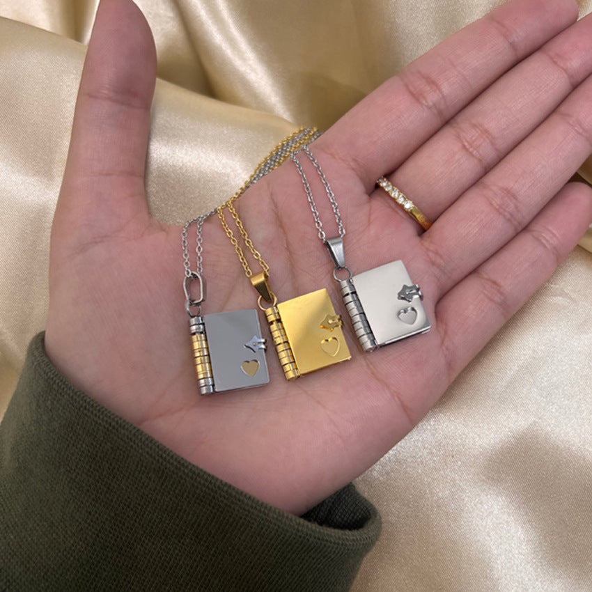 Wholesale Titanium Steel Heart Opening and Closing Wordless Book Sweater Chain Necklace ACC-NE-JP004