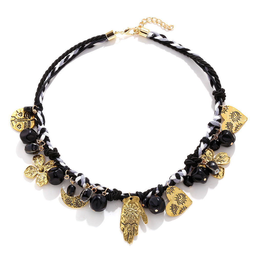 Wholesale Light Luxury Handmade Knot Three-strand Rope Alloy Palm Moon Love Pendant Necklace