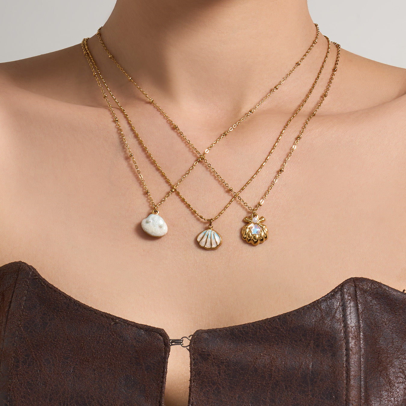 Wholesale Stainless Steel Collarbone Necklace with Shell,  Enamel,  and Faux Pearl Accents