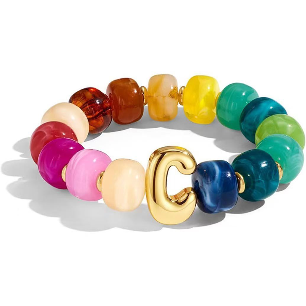 Wholesale 2026 Amazon Cross-Border Colorful Beaded 26 Letter Bracelet for Women,  Resin,  Fashionable and Unique,  High Elasticity Bracelet