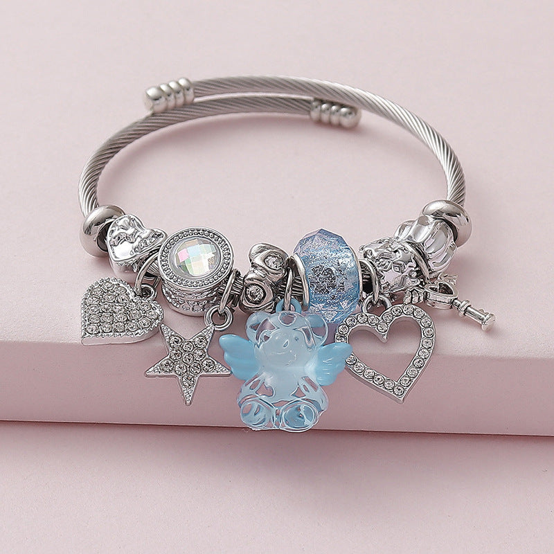 Wholesale crystal angel wings bear full diamond bow DIY open bracelet