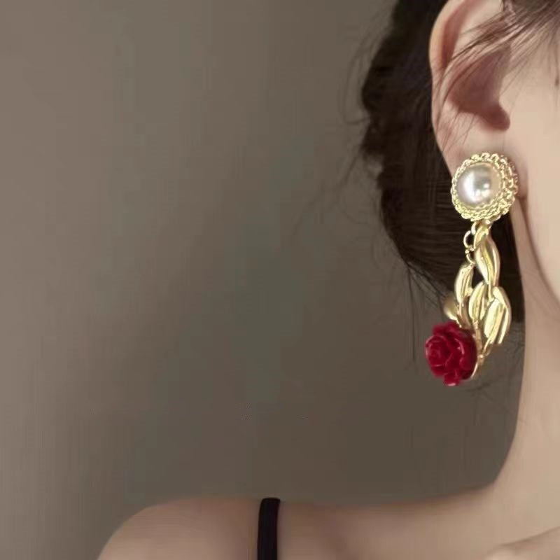 Wholesale Metal Red Rose Flower Earrings