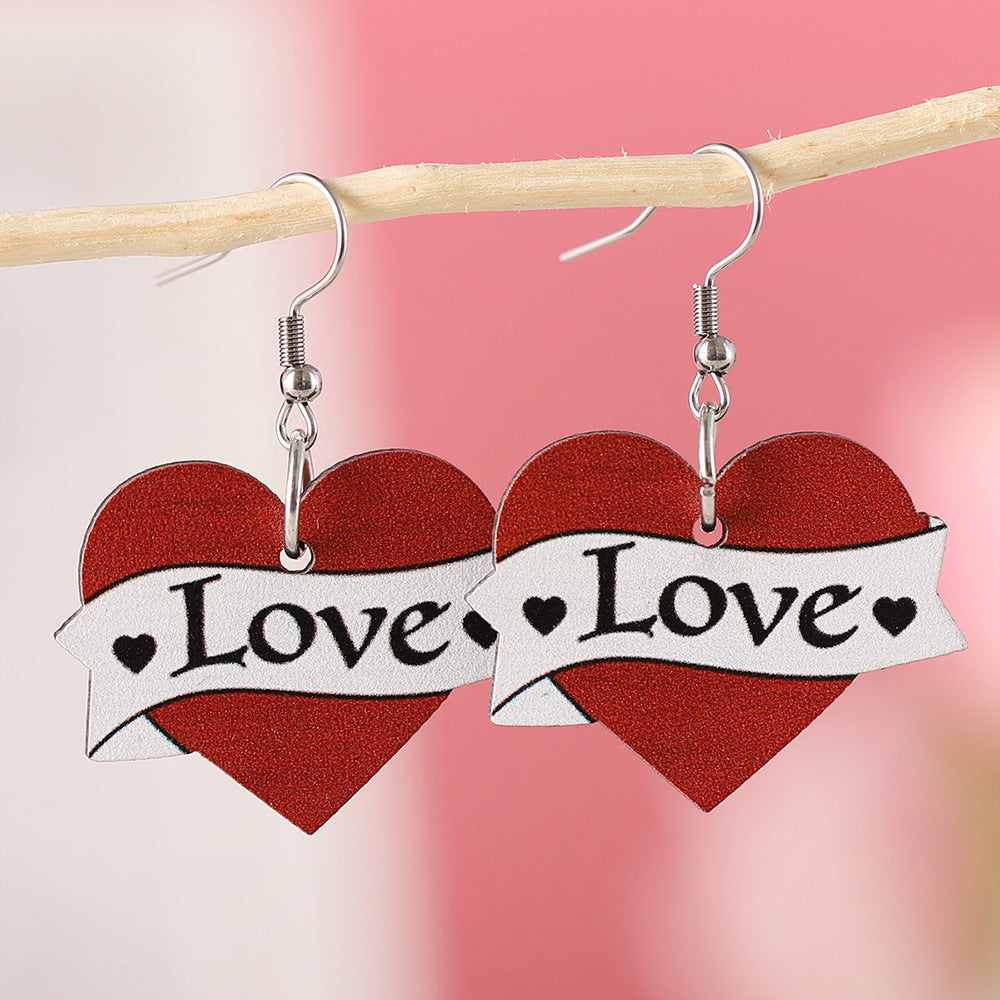 Wholesale  Valentine's Day Diamond Shape Love Pendant  Wooden Double-sided Earrings