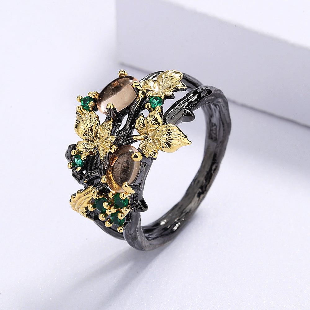 Wholesale inlaid colored gemstones plant flowers black gold double color  ring