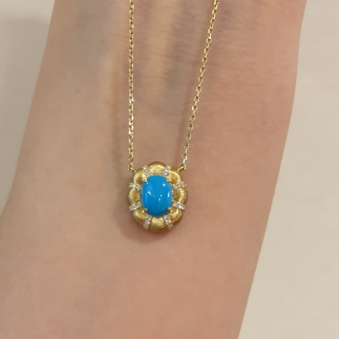 Wholesale French Retro Brushed Oval Turquoise Necklace Copper Inlay - Boutique Resale