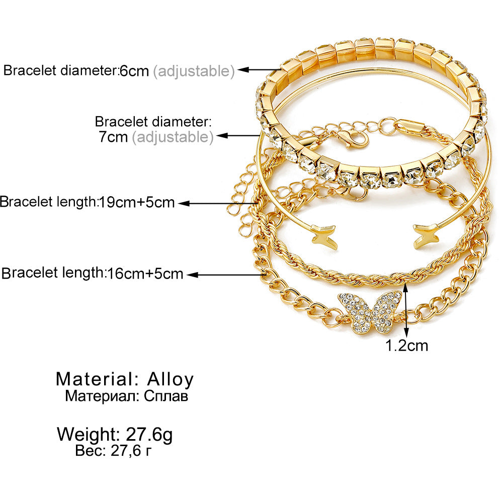 Wholesale Butterfly Rhinestone Alloy Stackable Bracelet Set 4 Pcs Adjustable Bangle Stretch Cord Women Fashion Jewelry Gift