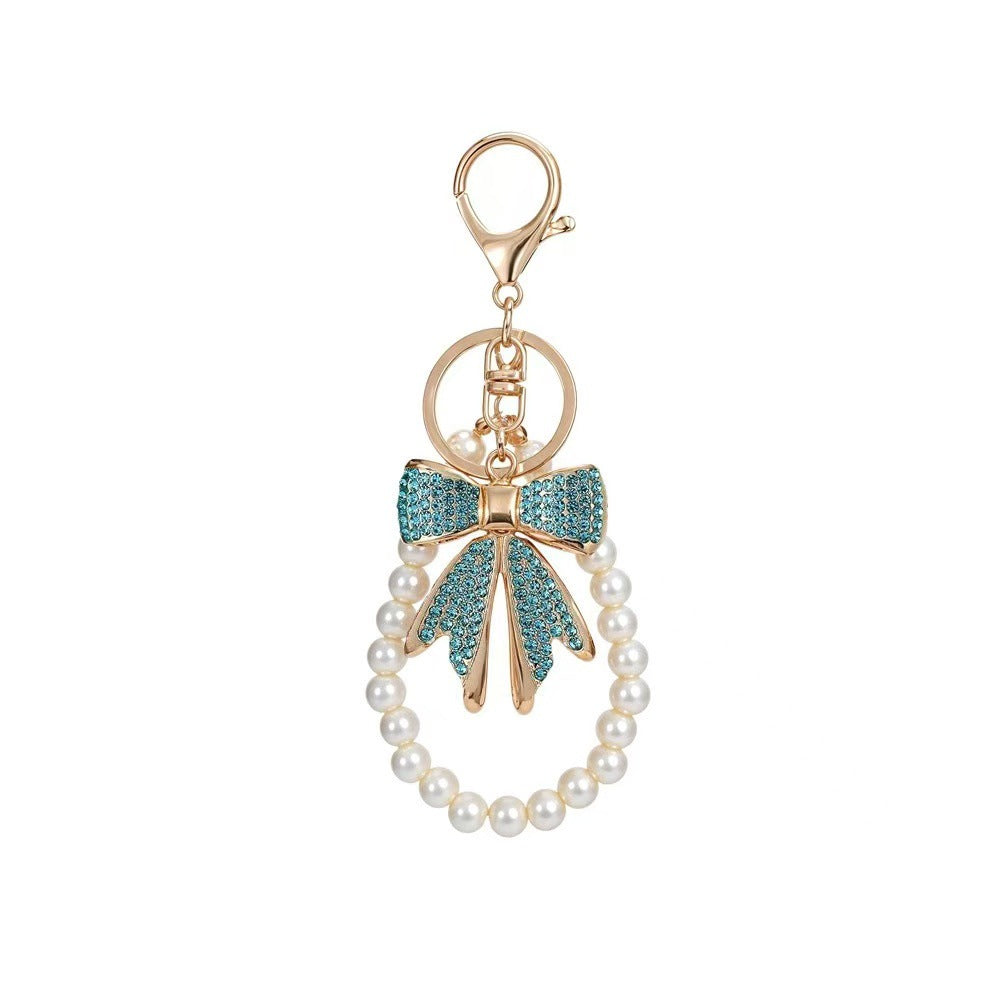Wholesale Black Zinc Alloy Handmade Cute Korean Style Bow Rhinestone Pearl Bead Car Keychain Phone Chain Bag Charm Gift