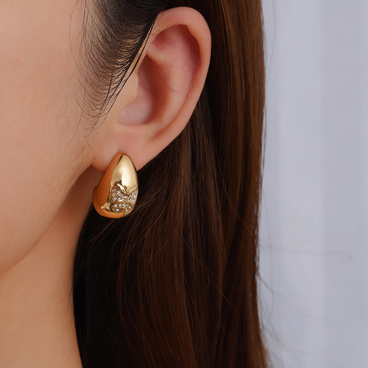 Wholesale  atmospheric stainless steel water drop inlaid butterfly grain zircon earrings