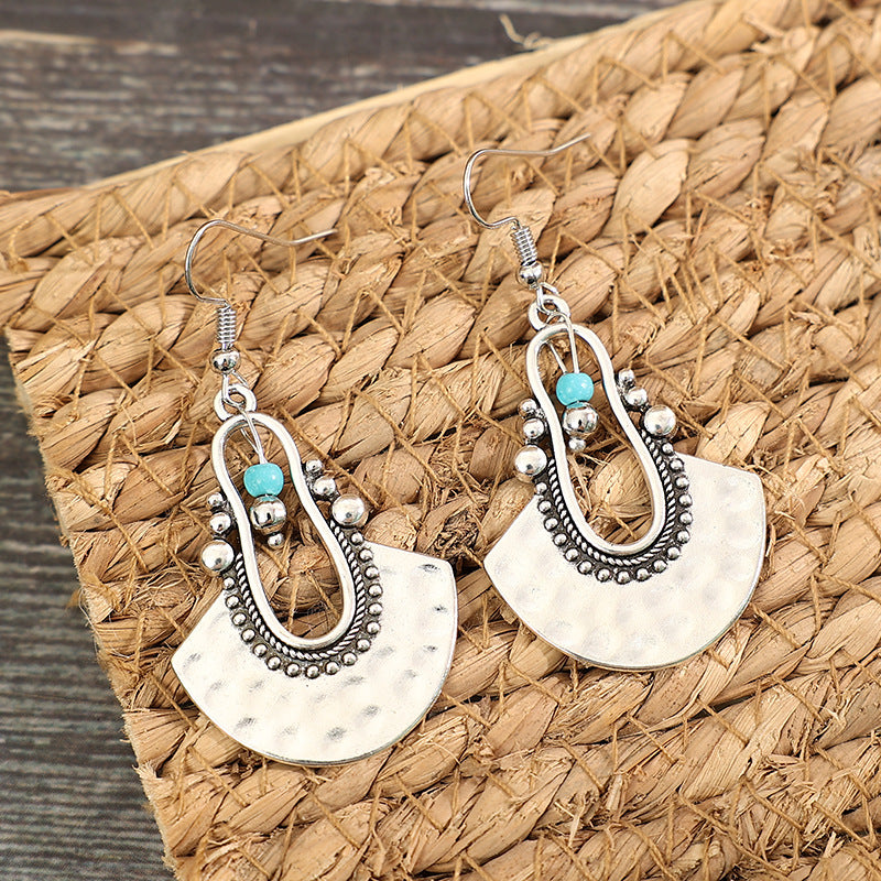 Wholesale Retro Hollow Blue Beaded Fan-Shaped Alloy Earrings Trendy Jewelry Accessory