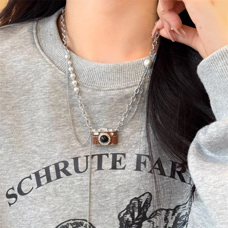 Wholesale  Titanium Steel Brown Camera Pearl Necklace  Light Luxury  Long Chain