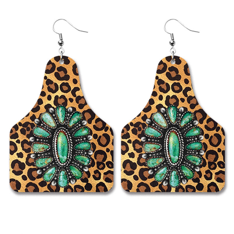 Wholesale 2 Pairs/pack American Flag Western Style Leopard Print Turquoise Leather Earrings Independence Day ACC-ES-HY050