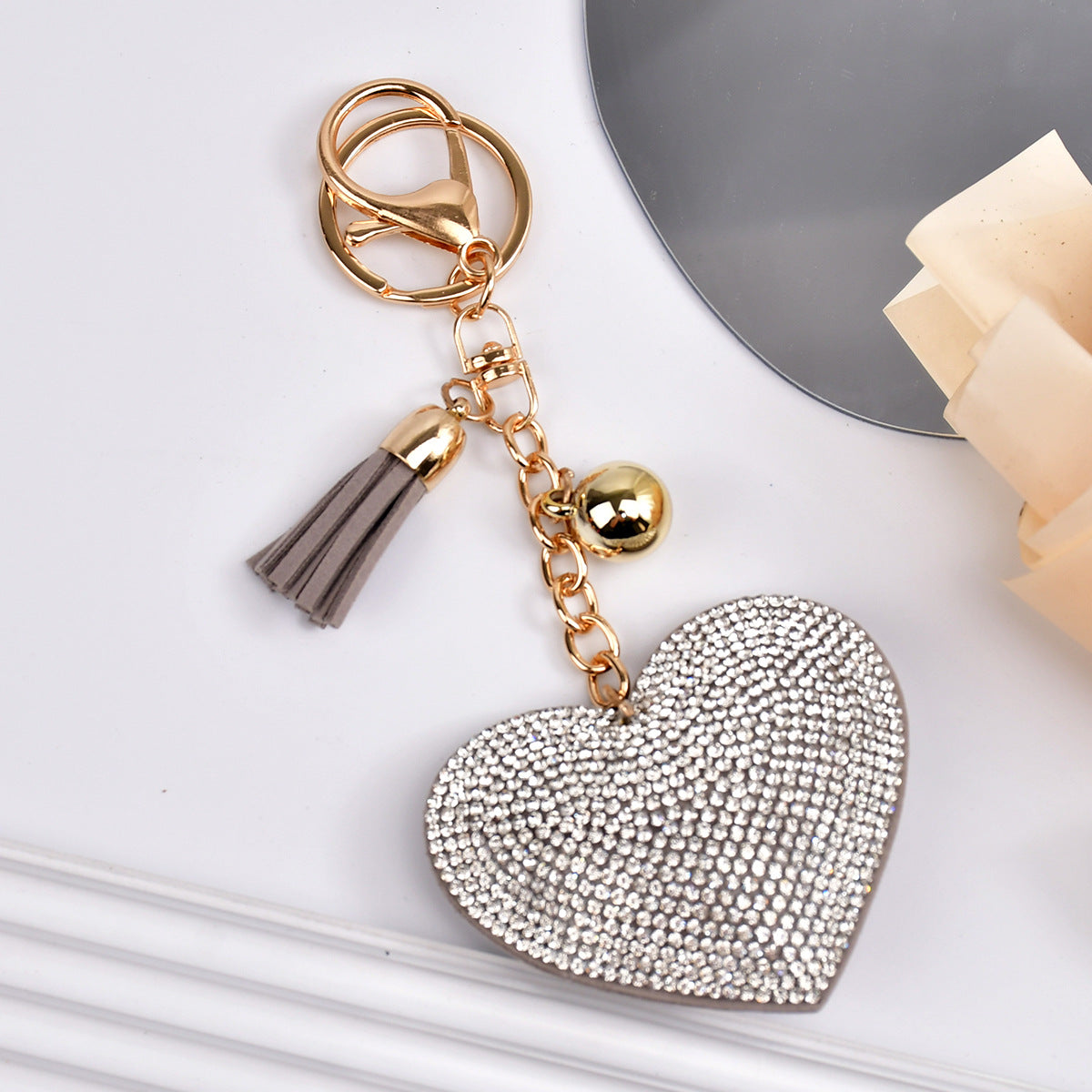 Wholesale  Peach Heart Rhinestone Leather Keychain