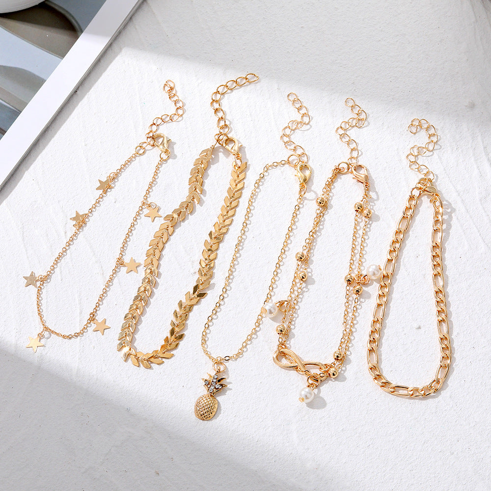 Wholesale Retro Beach Pineapple Pearl Layered Anklet Set For Women Fashion Jewelry Accessory Gift