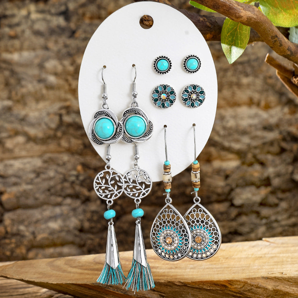Wholesale Turquoise Tassel Earrings Set - Bohemian Ethnic Style