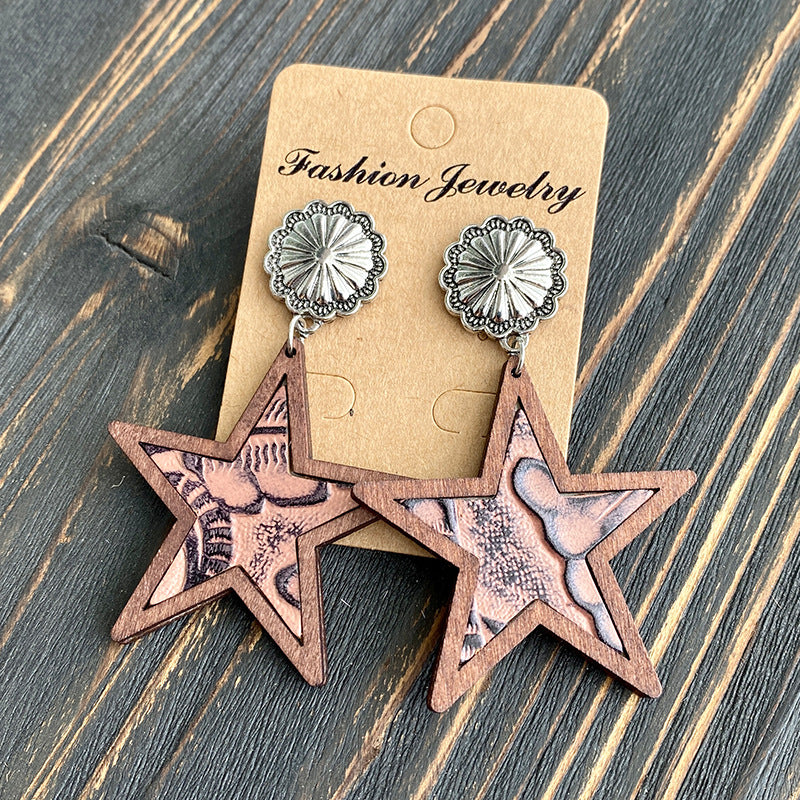 Wholesale Western Denim five-pointed star leather earrings