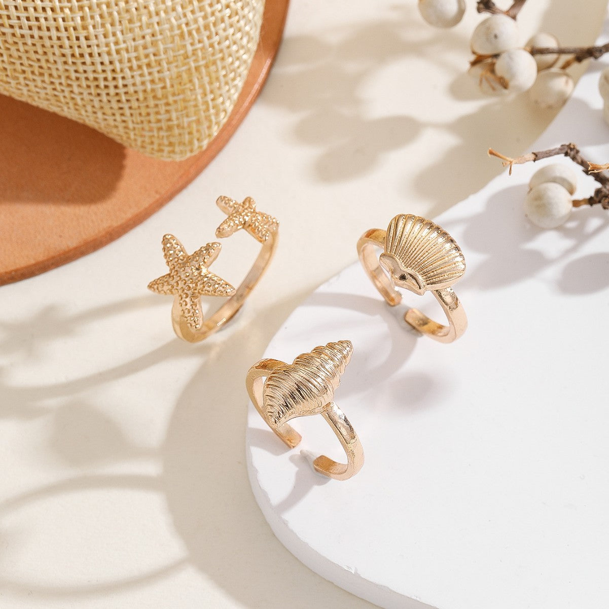 Wholesale Women S Adjustable Starfish Seashell Open Ring Set Gold Electroplated Fashion Jewelry Gift