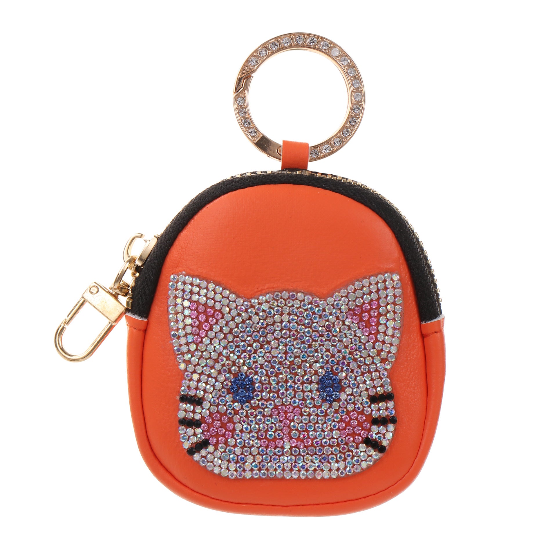 Wholesale Cute Cat Faux Leather Keychain Zipper Pouch Rhinestone Embellished Pink Trendy Wedding Gift Boutique Resale Accessory